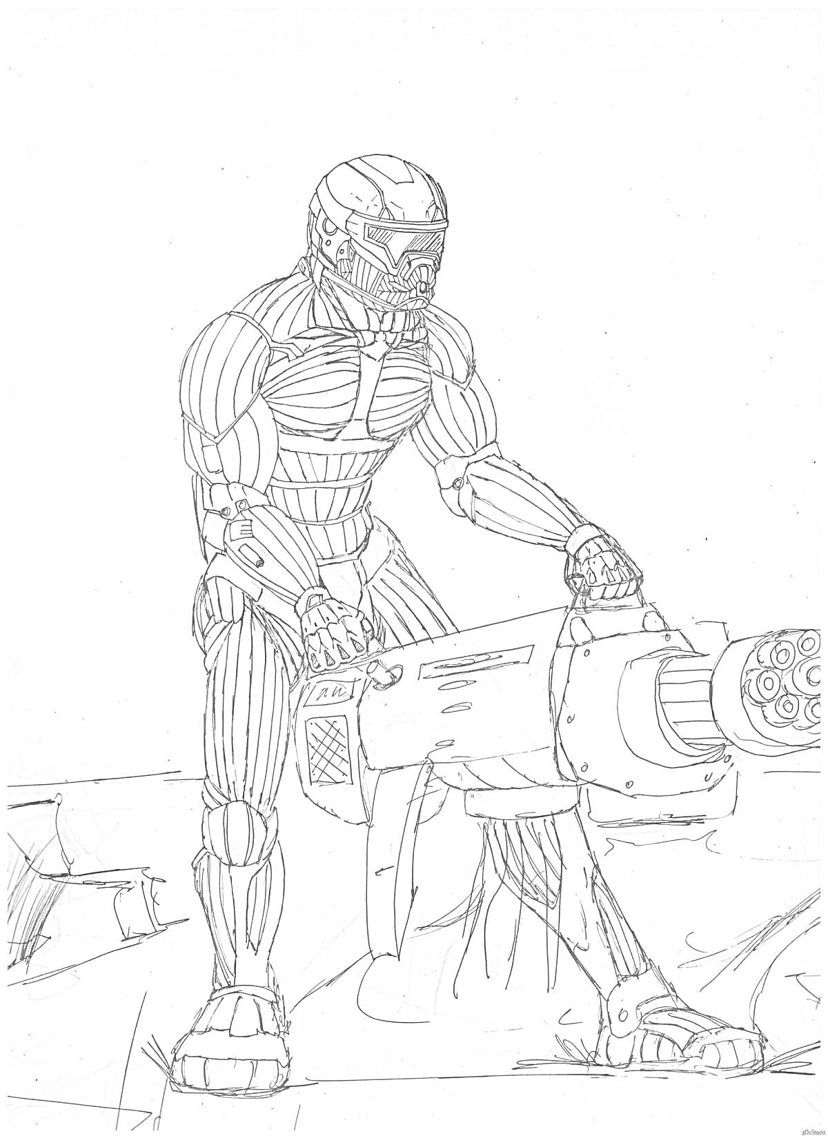 Раскраска Боец в экзоскелете с крупнокалиберным оружием на фоне скал
