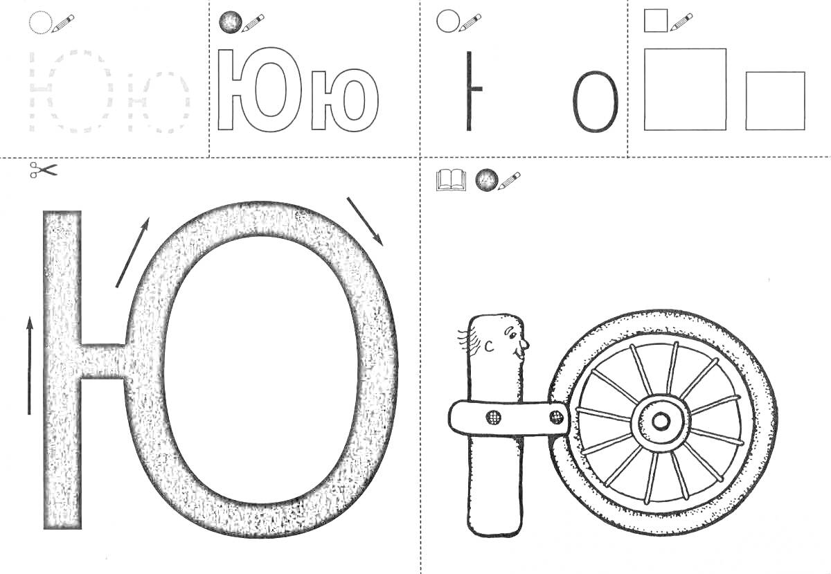 Буква Ю с примерами для дошкольников - контурные буквы, стрелки для написания, картинка с колесом