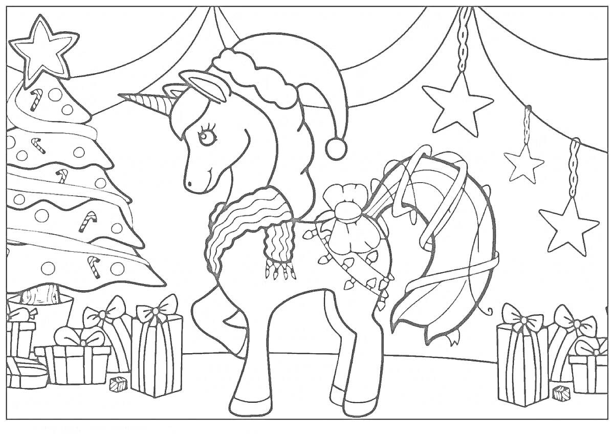 Раскраска Единорог в новогоднем колпаке рядом с елкой и подарками, звезды и гирлянды на фоне