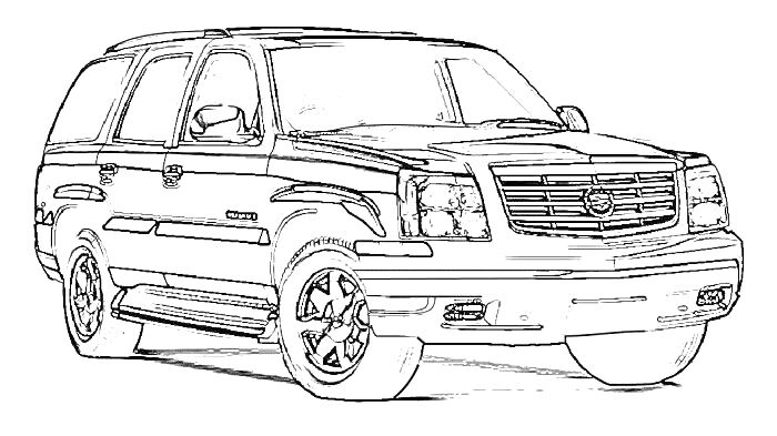 Раскраска Cadillac Escalade, вид спереди-сбоку, большие колеса, решетка радиатора с логотипом, боковые зеркала, фары, дверные ручки