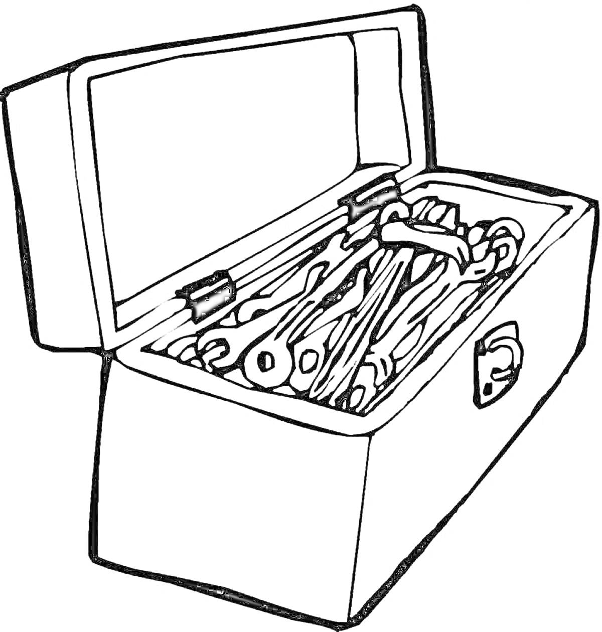 Раскраска Ящик с инструментами (различные гаечные ключи, отвертки и другие инструменты)