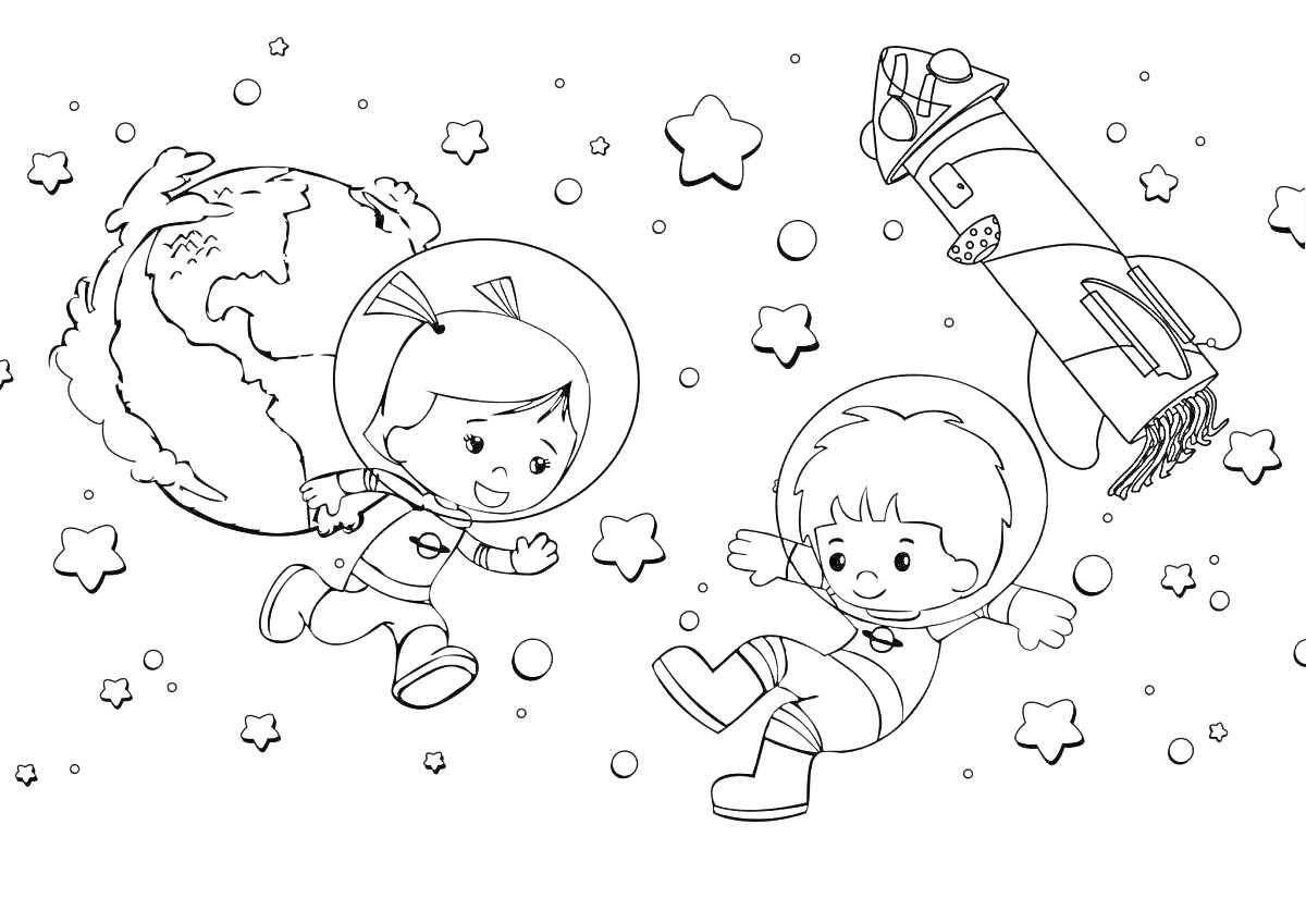 На раскраске изображено: Космонавты, Планета Земля, Ракета, Звезды, Космос, Для детей, Приключения