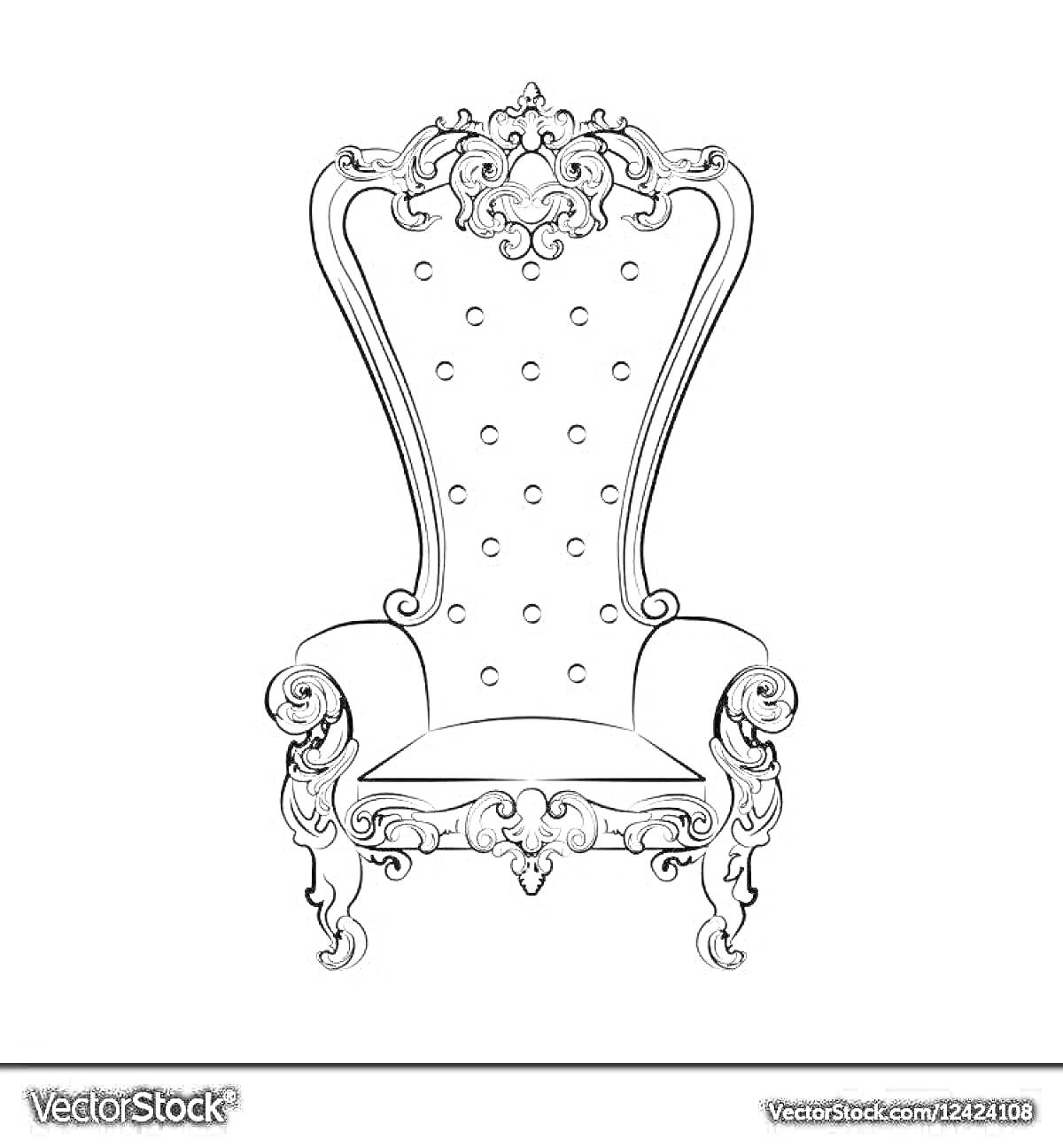 Раскраска Трон с высокой спинкой, украшенный резьбой и декоративными элементами