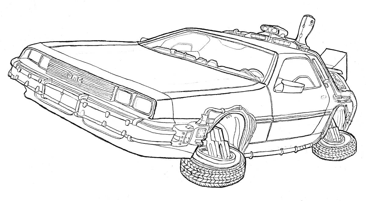 Раскраска Машина с раскрытыми колесами и множеством внешних деталей