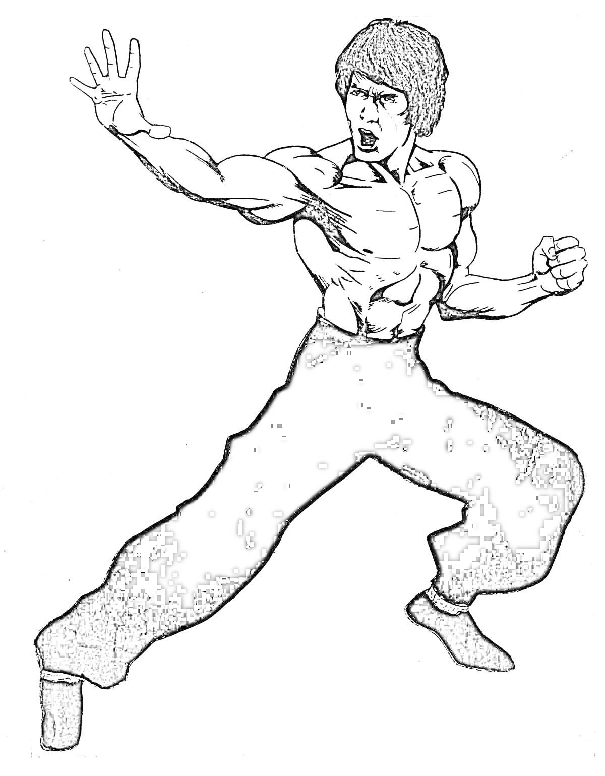 На раскраске изображено: Боевые искусства, Мужчина, Брюки, Мышцы