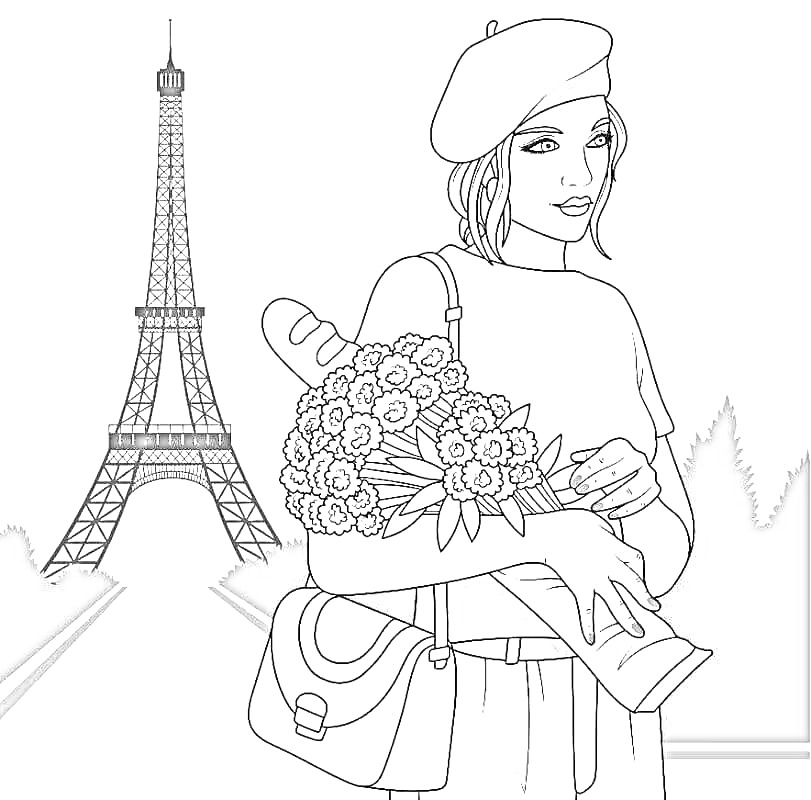 На раскраске изображено: Париж, Эйфелева башня, Цветы, Багет, Мода, Сумка, Пейзаж, Деревья, Букет цветов, Девочка