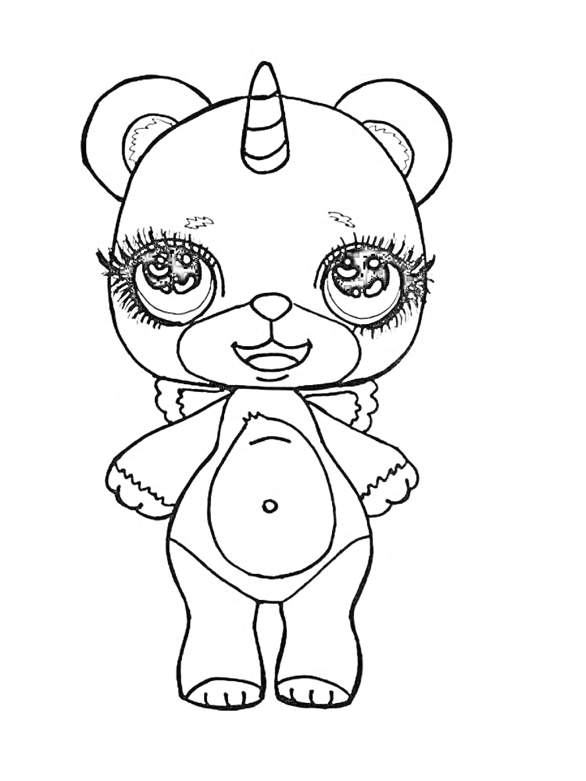 Раскраска Единорог-медвежонок с большими глазами, кудрявыми ресницами и бантиком