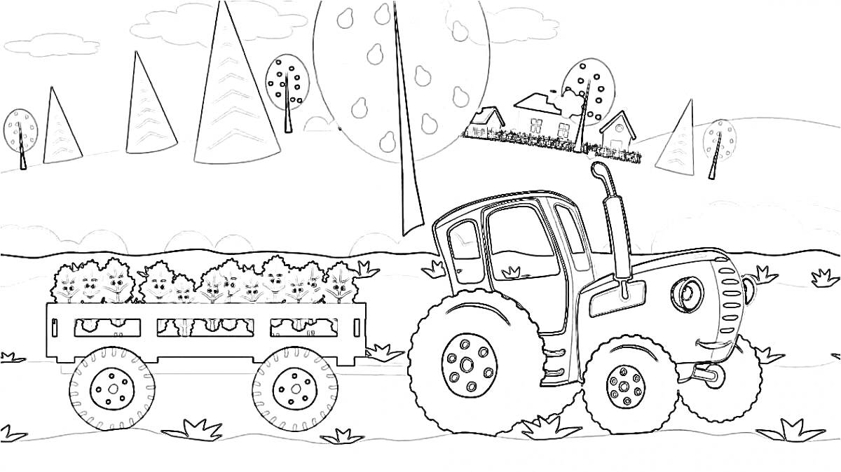 РаскраскаСиний трактор с прицепом везет овощи на фоне деревьев, домиков и холмов