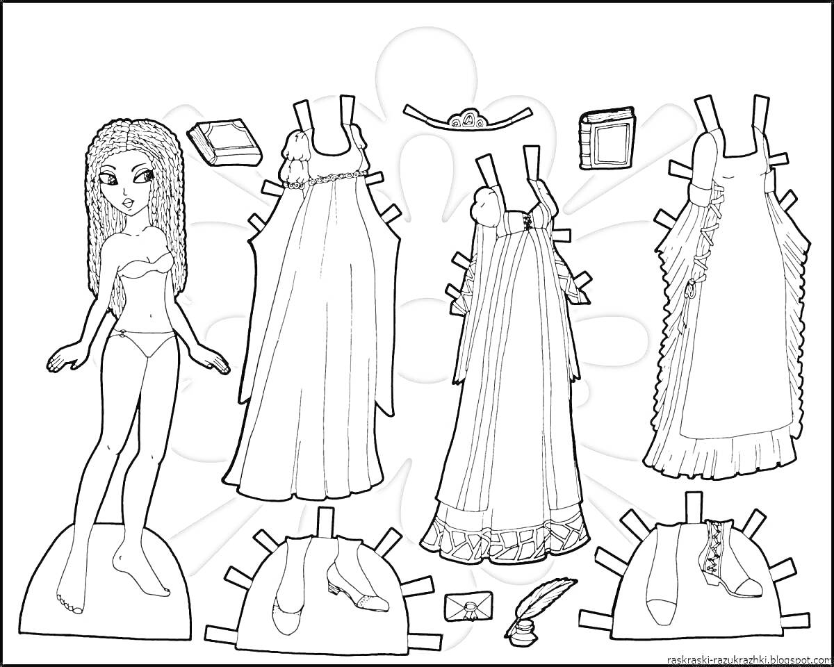 Раскраска кукла с длинными платьями и аксессуарами для вырезания