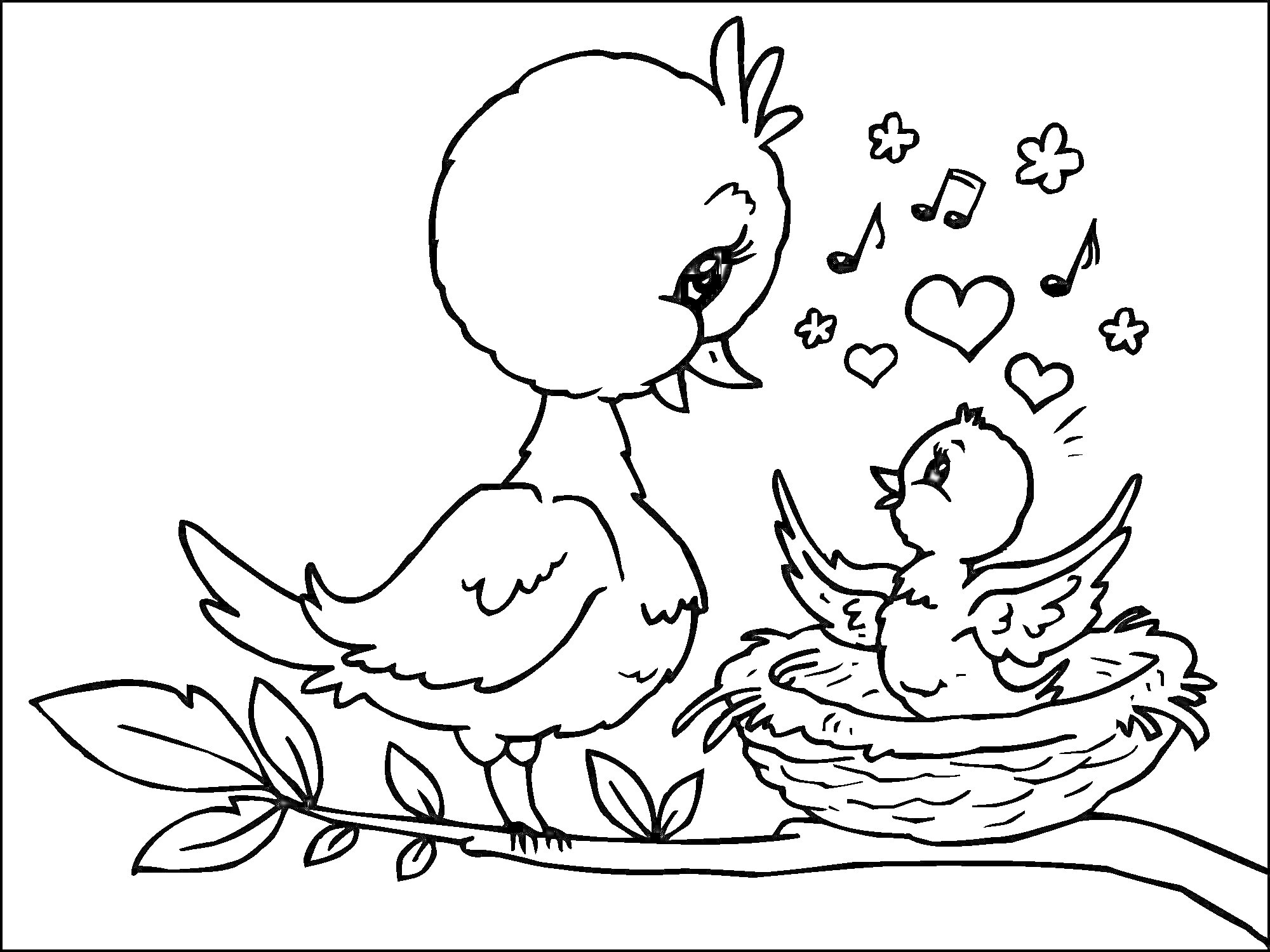 На раскраске изображено: Птенец, Гнездо, Ветка, Нотки, Для девочек