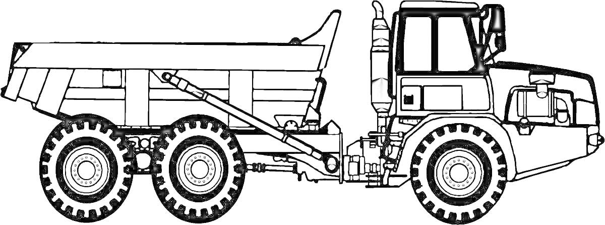 На раскраске изображено: Карьерный самосвал, Кузов, Шесть колес, Строительная техника
