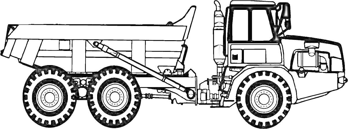 карьерный самосвал с кабиной, кузовом и шестью колесами