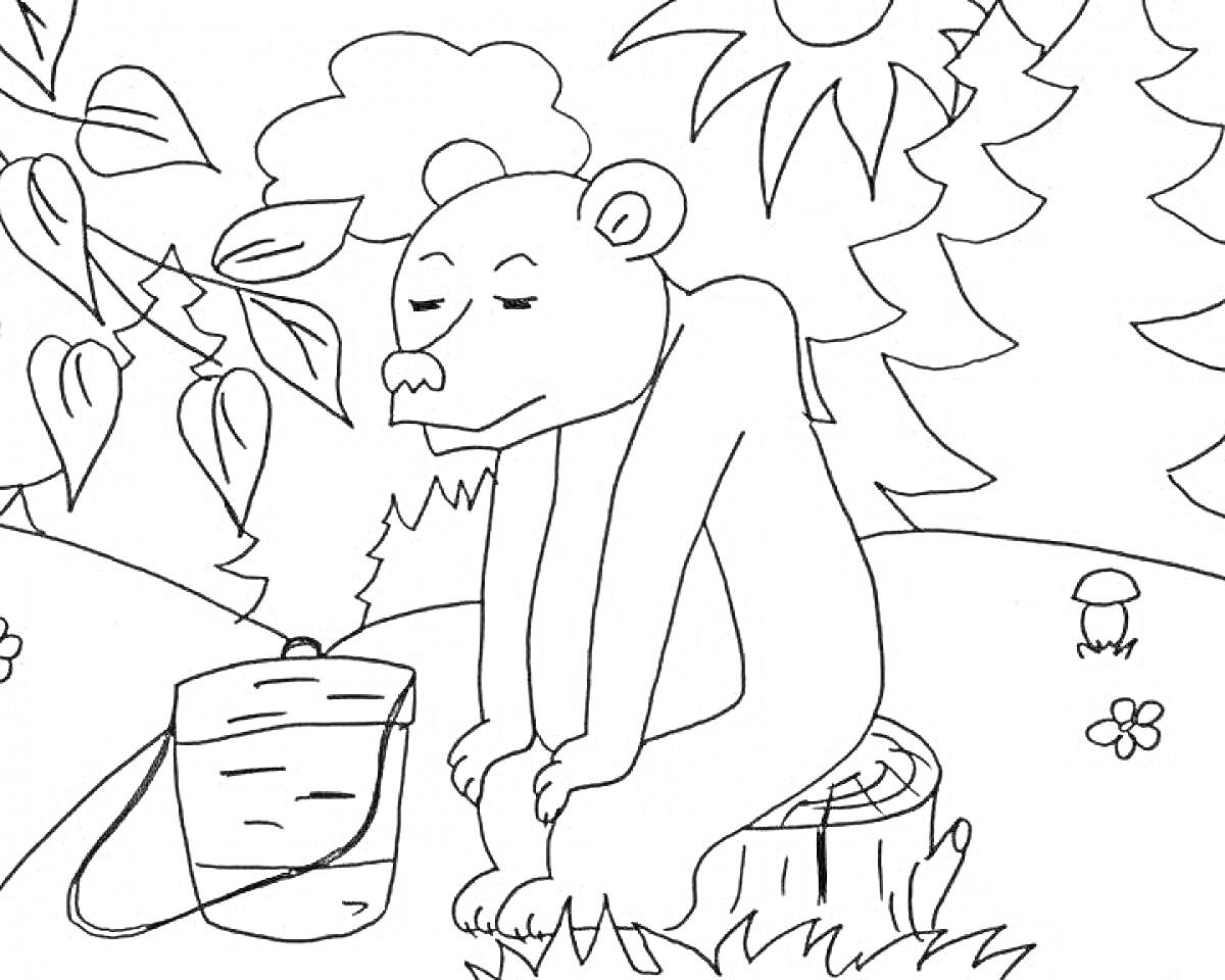На раскраске изображено: Медведь, Лес, Пенек, Деревья, Листья, Природа, Цветы, Ведёрко, Грибы