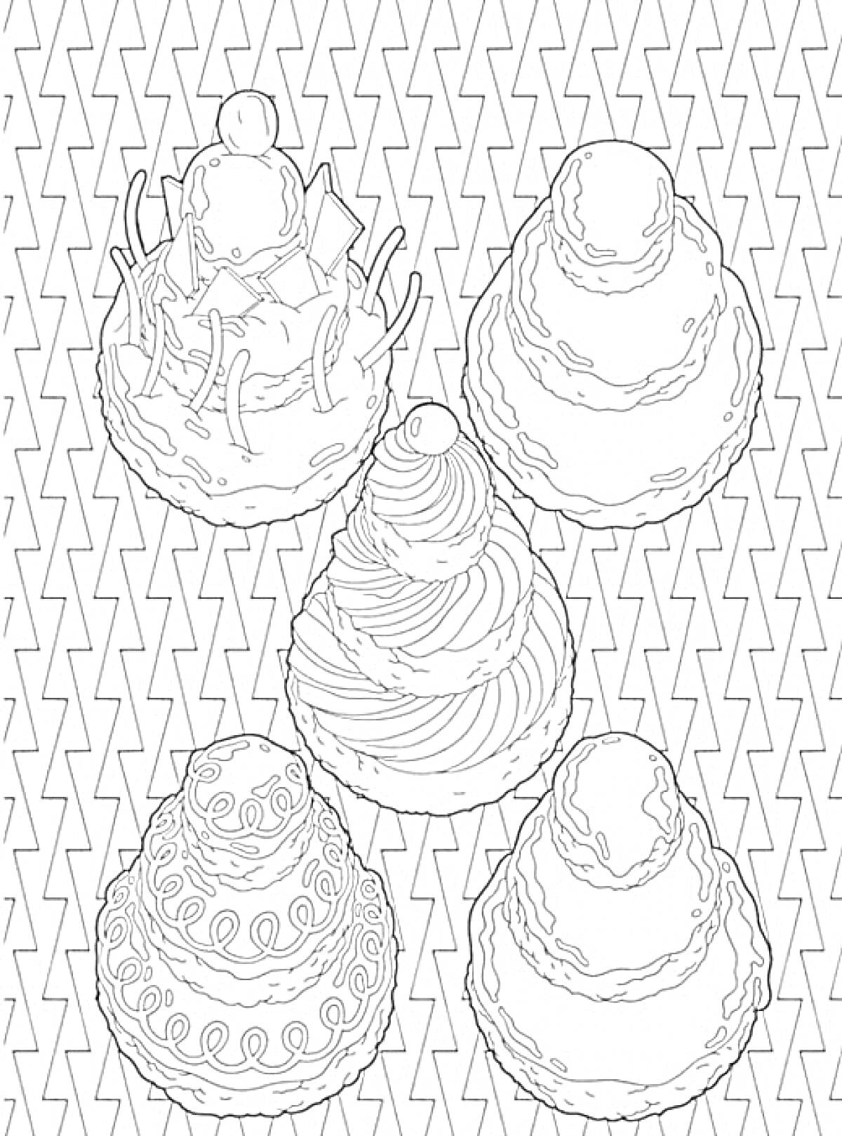 Раскраска Пять различных пирожных с разным декором на фоне с зигзагообразными линиями.