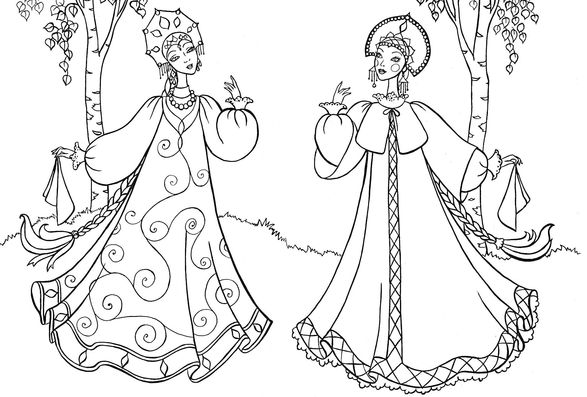 Раскраска Две девушки в русском народном костюме с кокошниками, сарафанами и рукавами-фонариками, держащие в руках птиц, на фоне берез