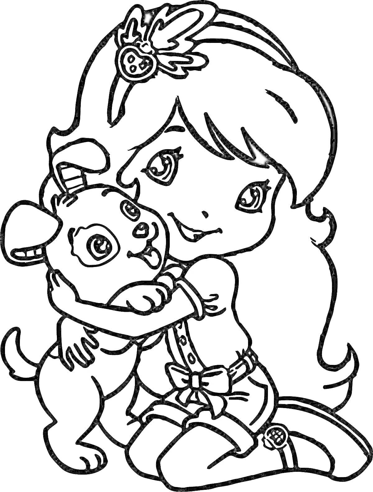 Раскраска Девочка с бантом, обнимающая щенка