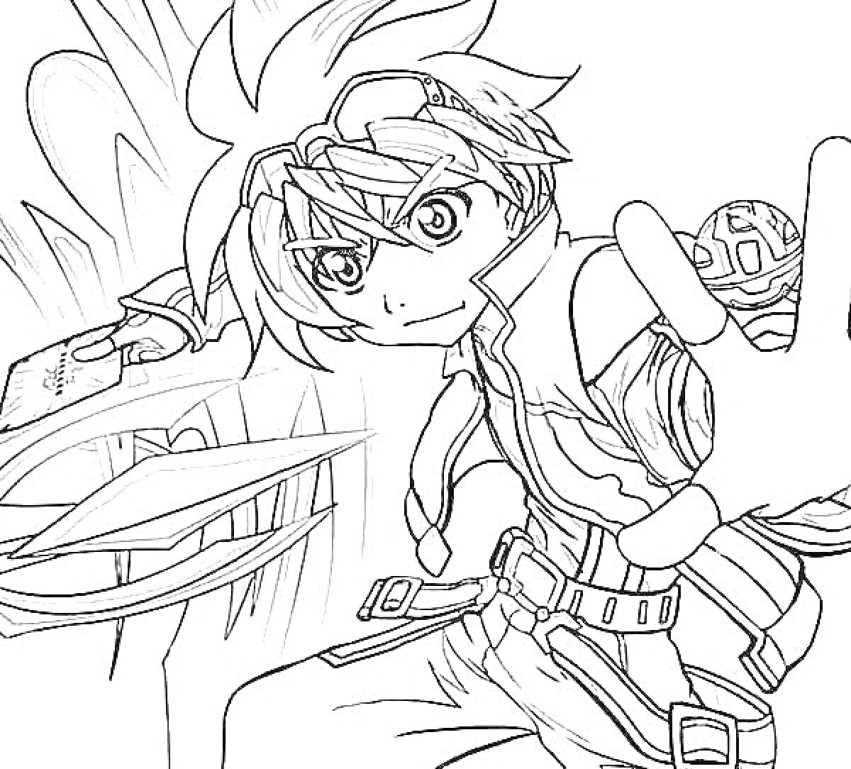 аниме персонаж с запястьями на ремнях, мячом и картой, поза для атаки
