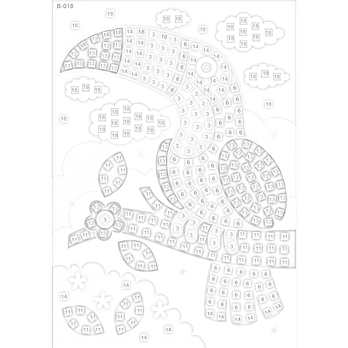 Раскраска Тукан на ветке с цветком и облаками