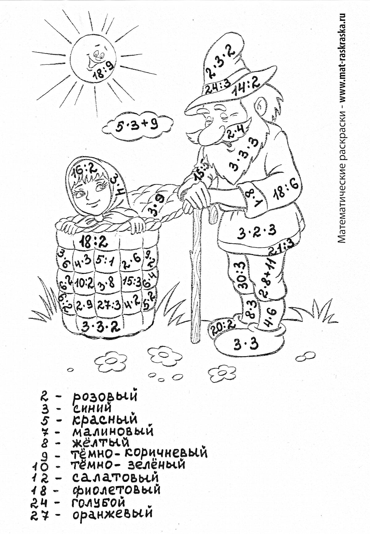 На раскраске изображено: Таблица умножения, Математика, 3 класс, Волшебник, Мальчик, Корзина, Природа, Солнце, Цифры, Арифметика, Учебные материалы