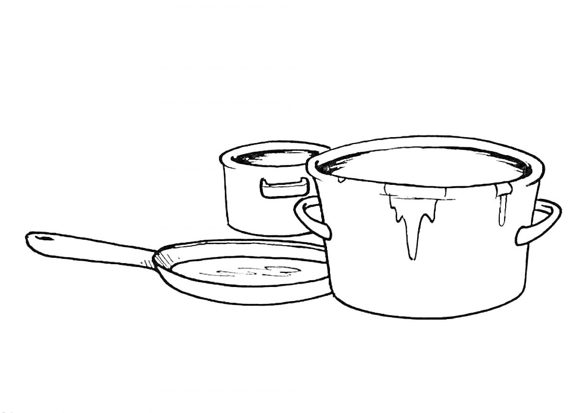 На раскраске изображено: Посуда, Сковорода, Кухня, Кухонная утварь, Готовка, Кастрюли
