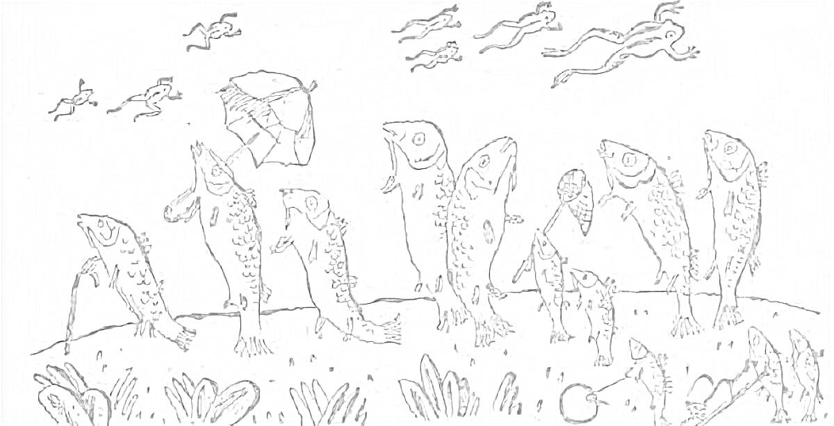 Раскраска Рыбы на берегу с зонтиком и птицами в небе
