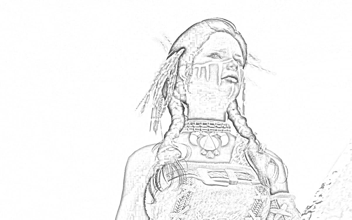 Раскраска Воин-индейца с боевой раскраской на лице и украшениями в волосах