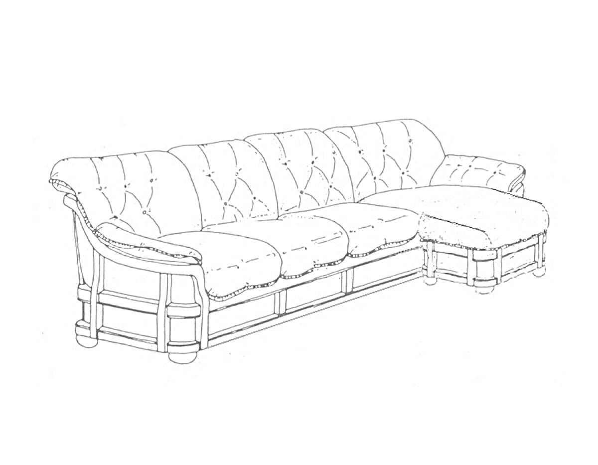 Раскраска Длинный диван с угловым элементом и мягкими подушками