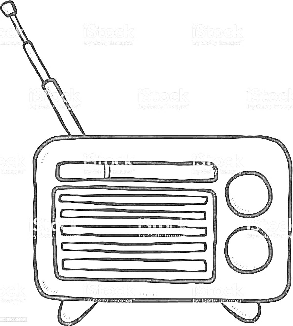 Раскраска Радиоприемник с антенной, двумя ручками настройки и динамиком