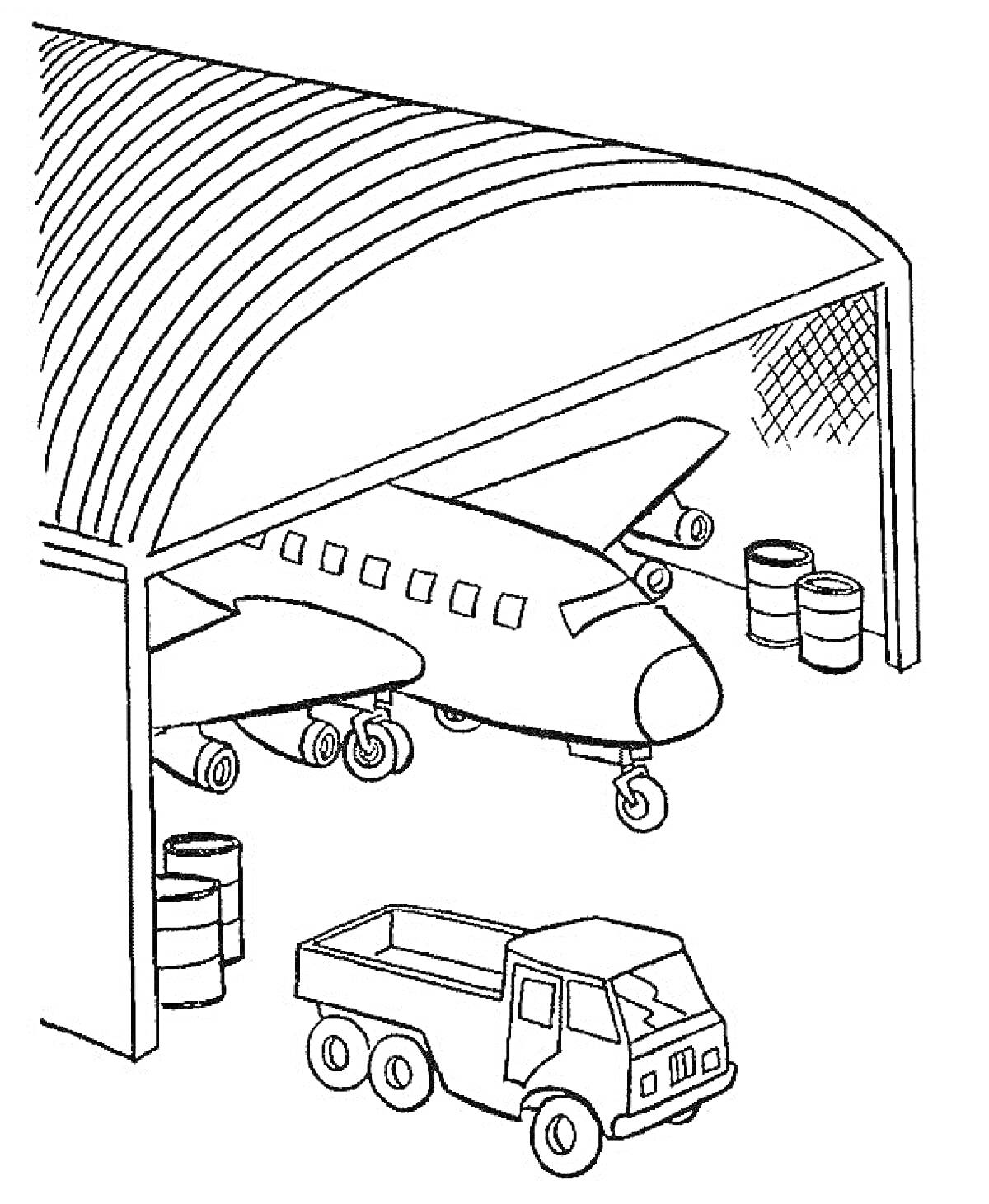 Раскраска Самолет в ангаре с бочками и грузовиком