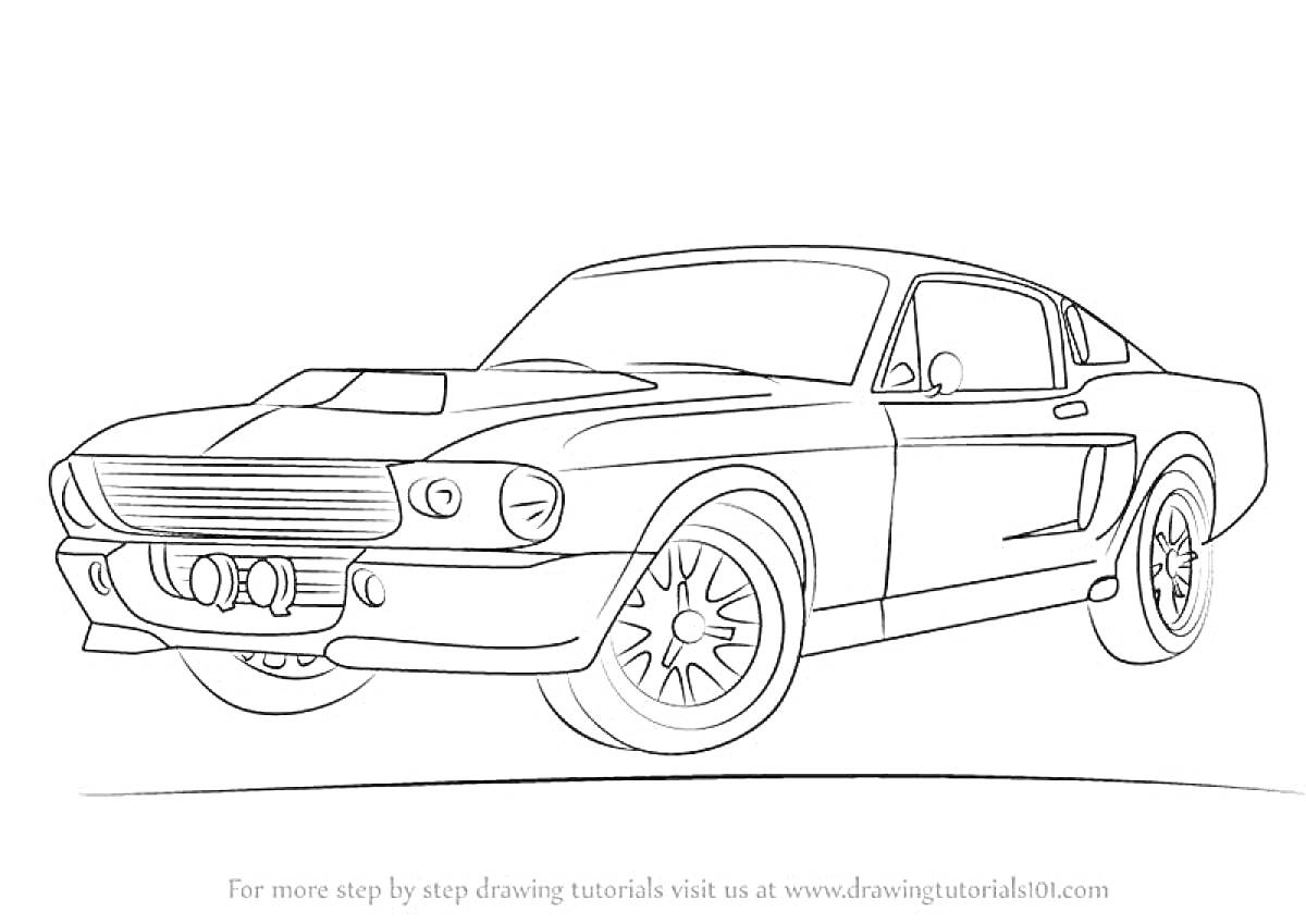 РаскраскаРаскраска с изображением классического автомобиля Ford Mustang, вид сбоку, колёса, фары, боковые зеркала, капот 