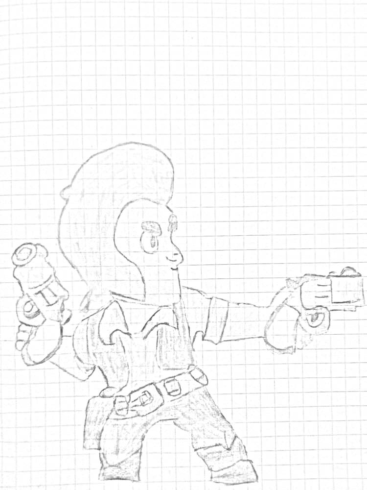 Рисунок персонажа с розовыми волосами и двумя пистолетами