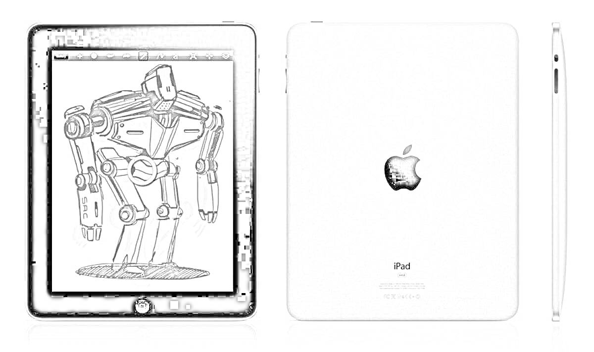 Раскраска Айпад с чёрно-белым рисунком робота на экране, вид спереди, сзади и сбоку