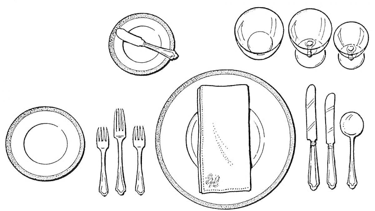 Раскраска Полная сервировка стола с центральной тарелкой, тарелкой для закусок, булочной тарелкой с ножом для масла, двумя вилками, ножом, ложкой, десертной вилкой, тремя бокалами и салфеткой.