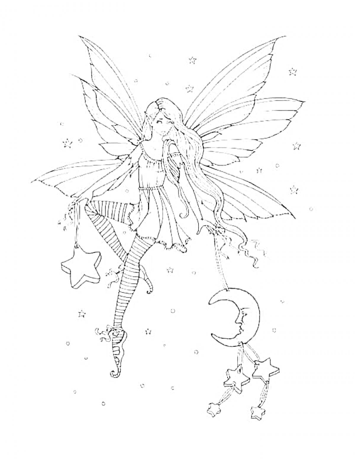 Раскраска Фея с крыльями, держащая звезды и луну