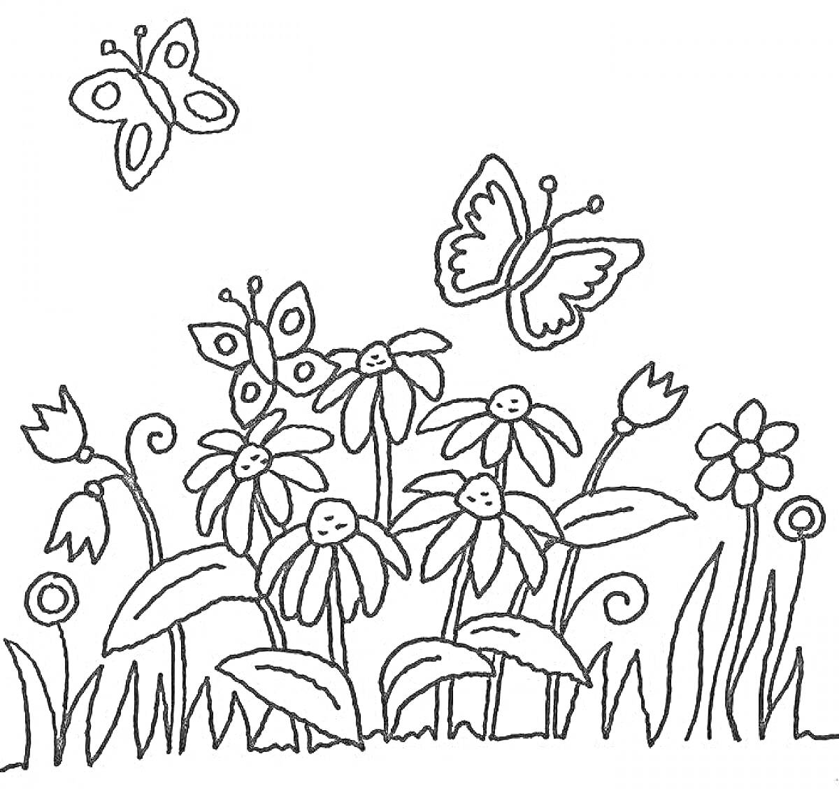 На раскраске изображено: Цветы, Трава, Луг, Природа, Весна, Лето
