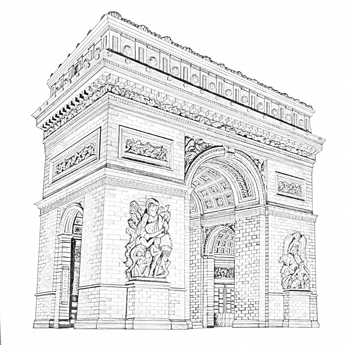 Раскраска Триумфальная арка с барельефами и скульптурами, аркадами и декоративными элементами