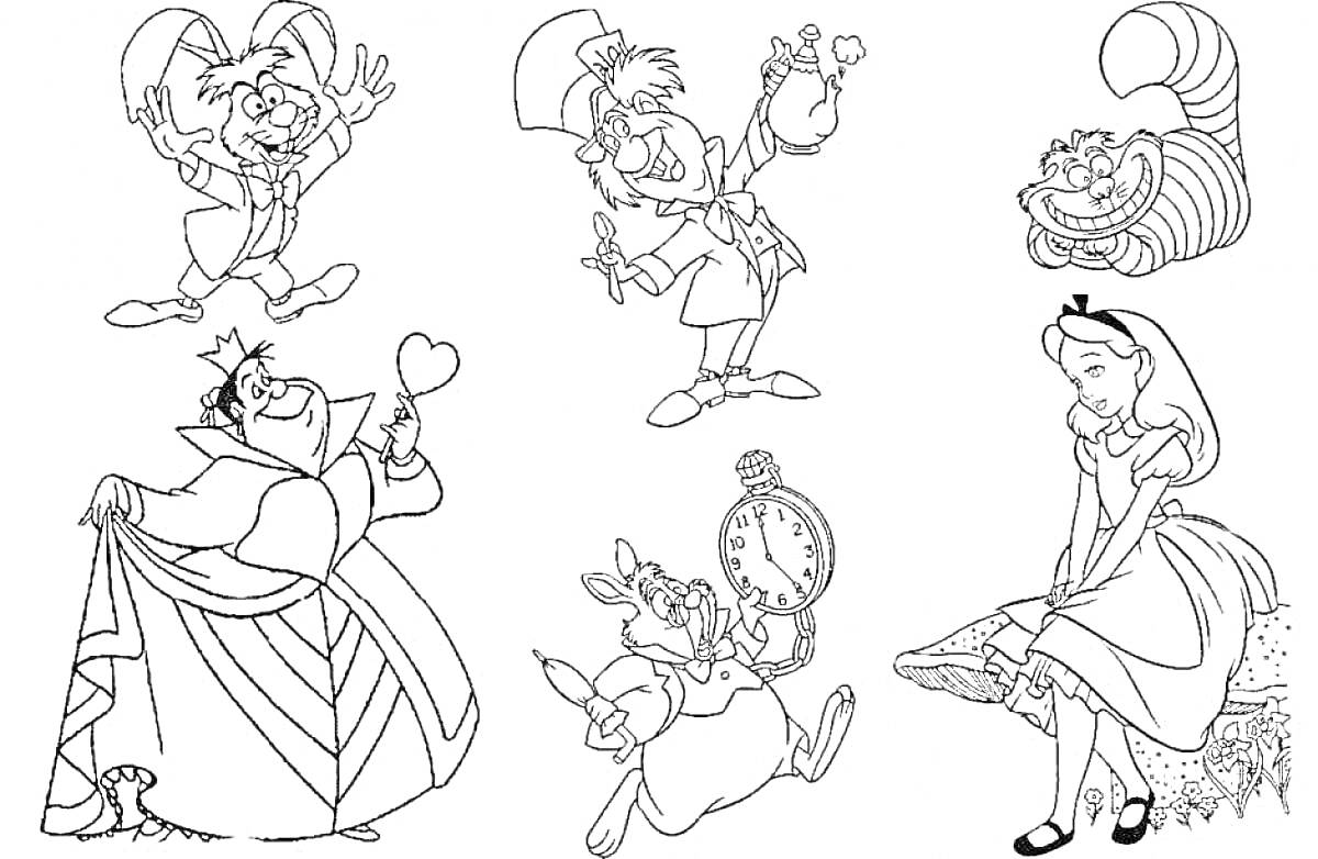 Раскраска Алиса и персонажи: королева, чеширский кот, сумасшедший шляпник, белый кролик