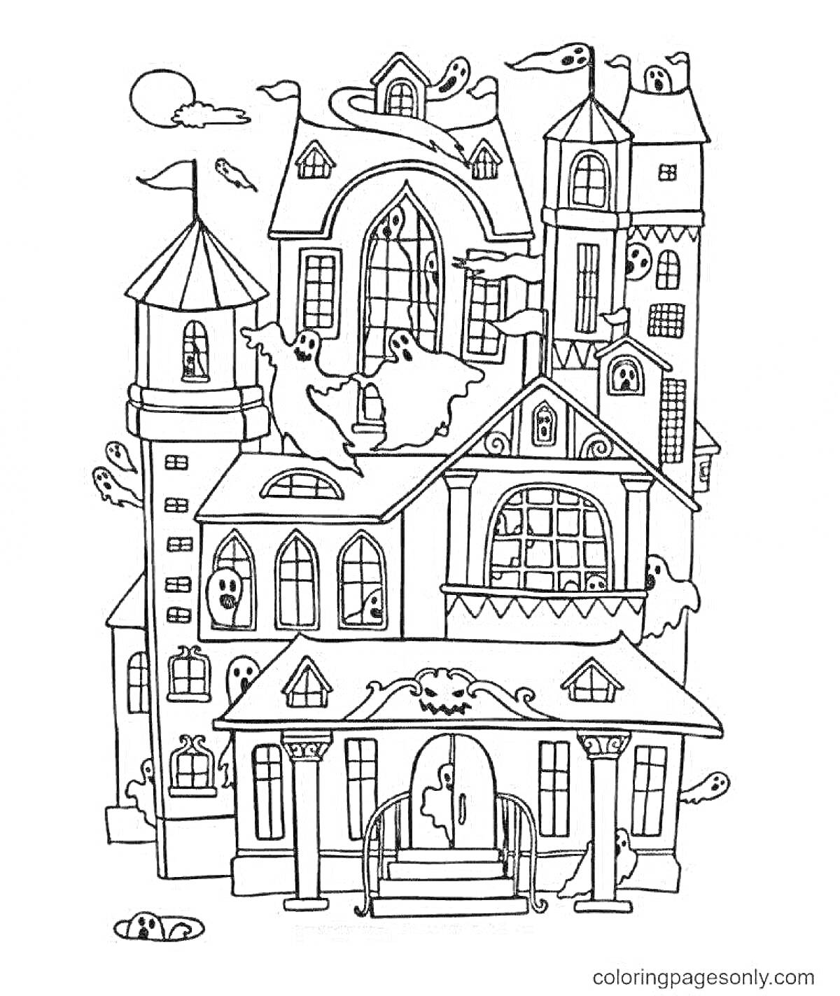 На раскраске изображено: Большой дом, Привидения, Башенки, Окна, Хэллоуин, Ужасы, Дом с привидениями