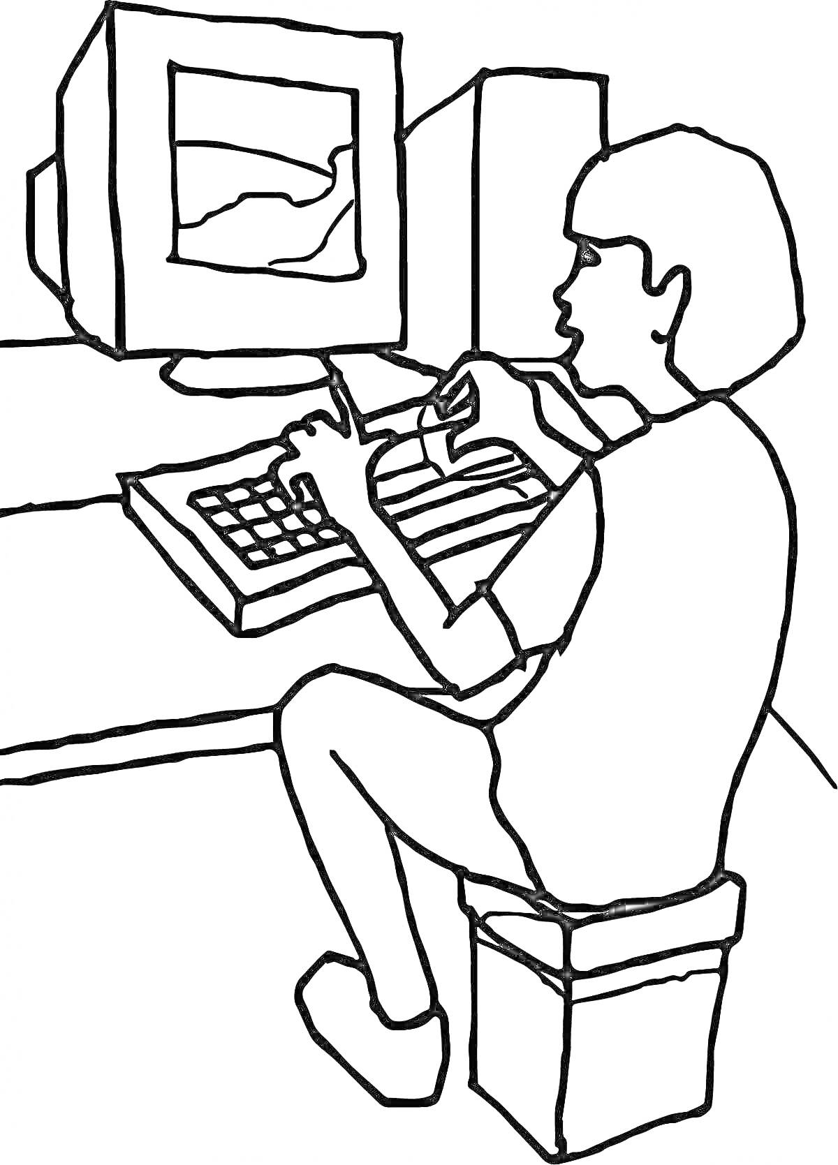 На раскраске изображено: Ребёнок, Компьютер, Монитор, Клавиатура, Мышь, Стул, Стол, Технология