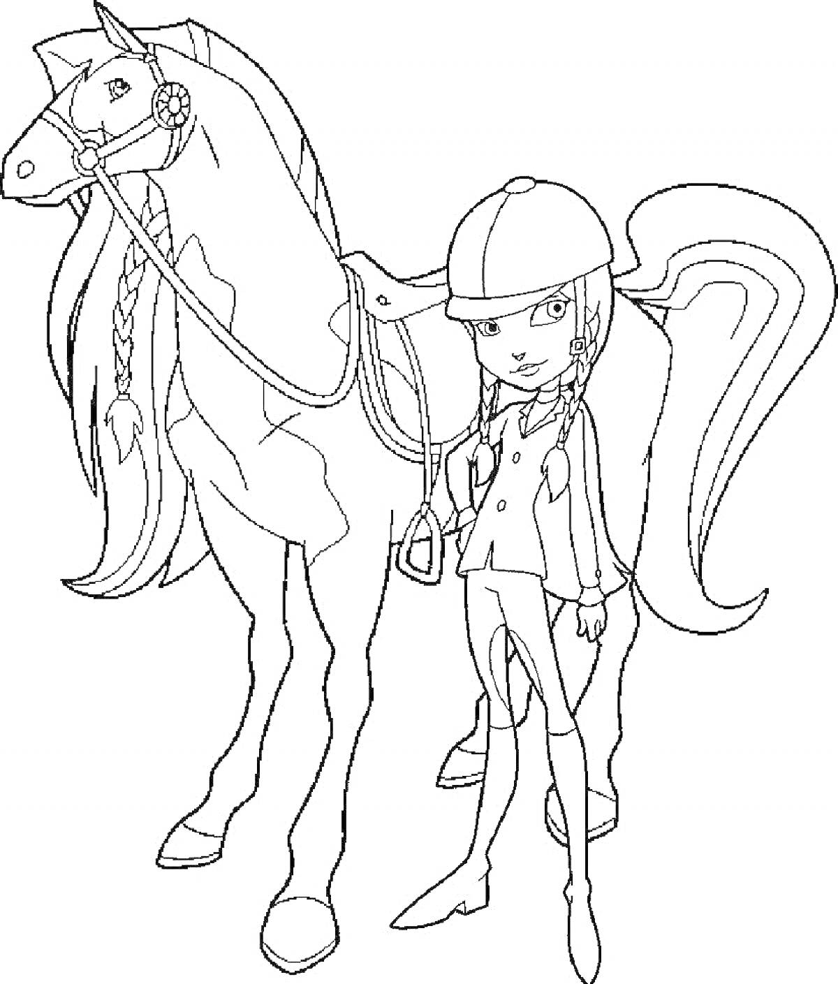 Раскраска Девочка наездница в шлеме с мультяшной лошадью, украшенной поводьями и косичкой