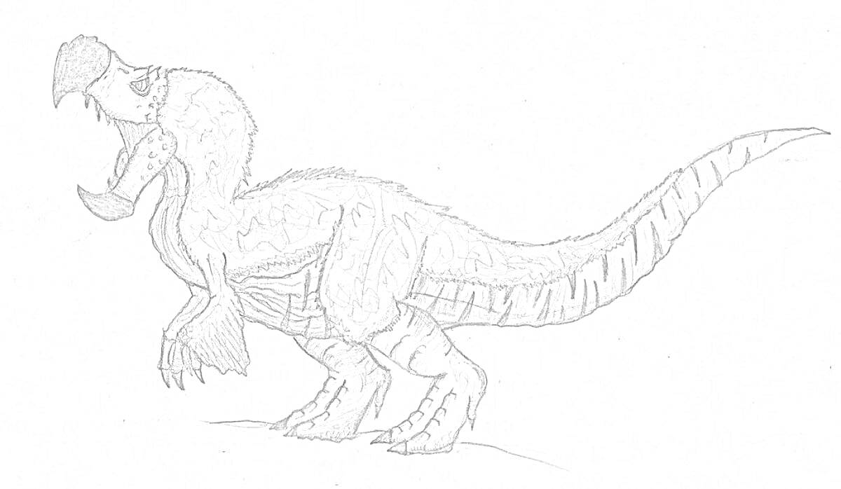 Раскраска Динозавр с крупным клювом, длинным хвостом и когтистыми лапами