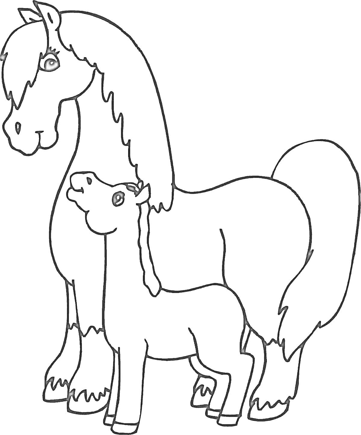 На раскраске изображено: Конь, Жеребёнок, Лошадь, Для детей, Животные, Контурные рисунки