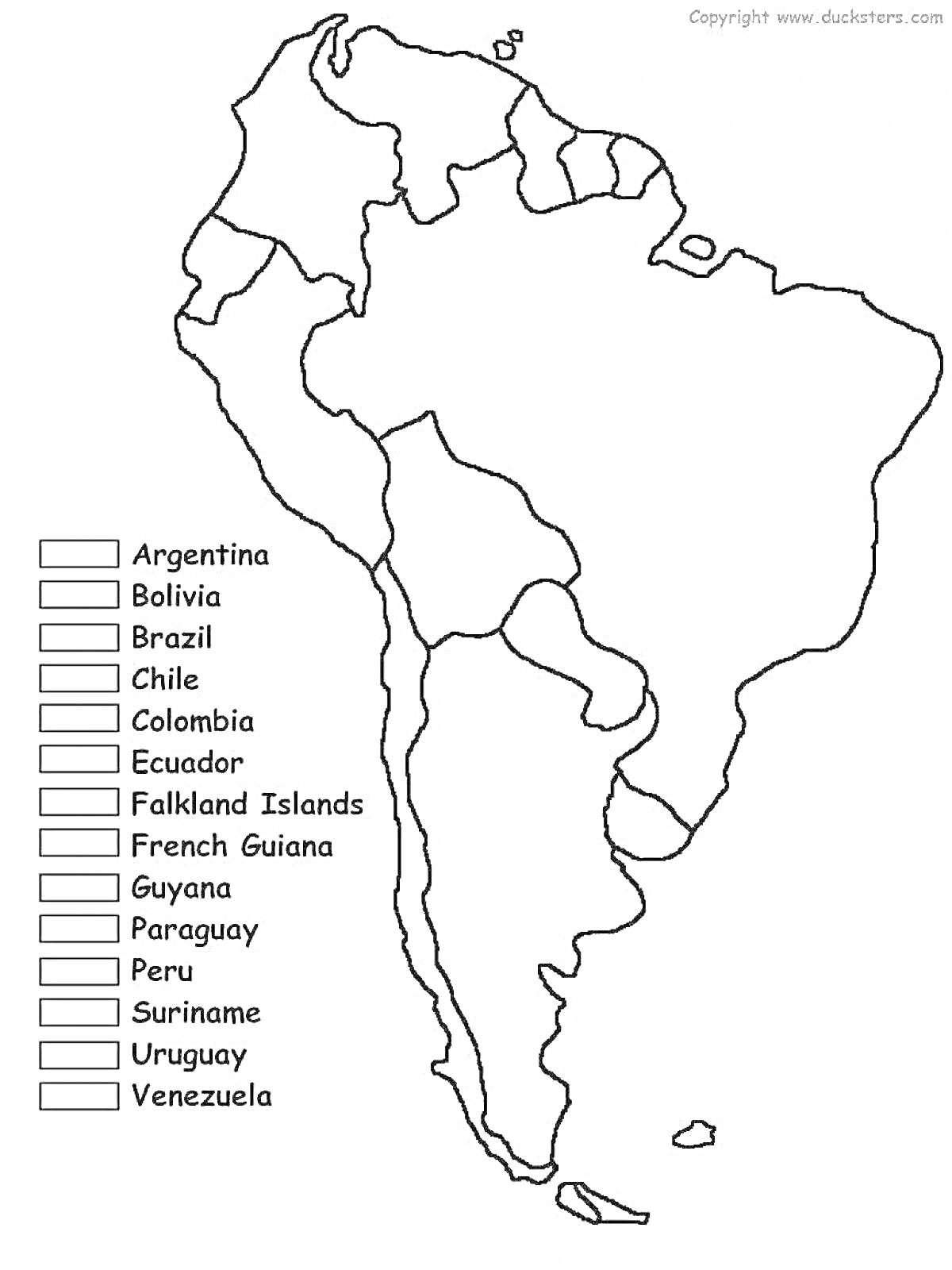 На раскраске изображено: Южная Америка, Карта, Аргентина, Бразилия, Чили, Эквадор