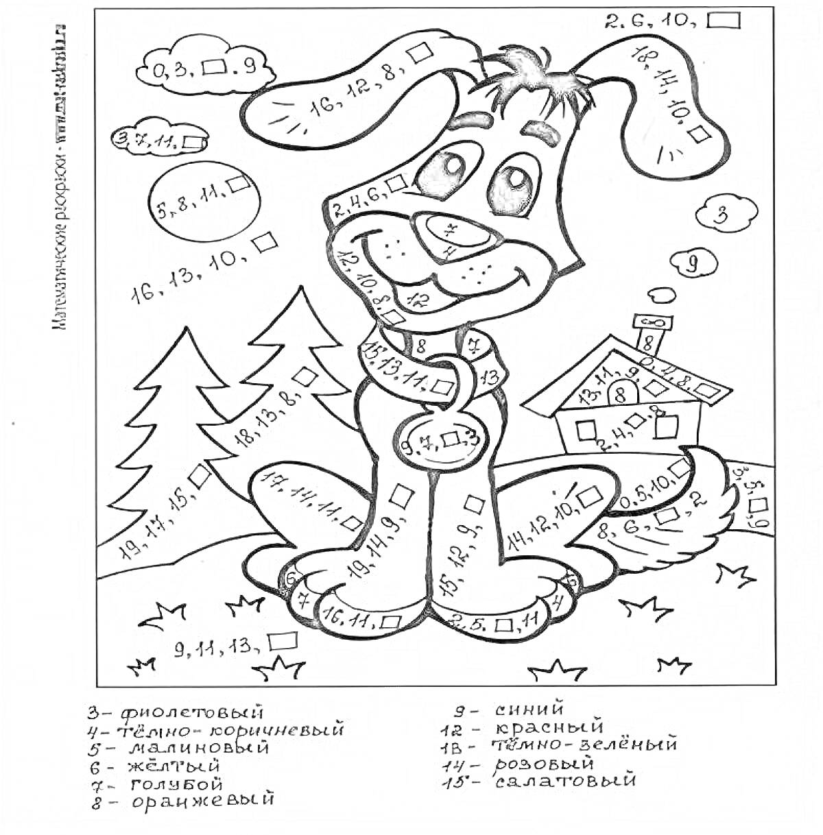 Раскраска Собака на фоне дома и деревьев с математическими дробями