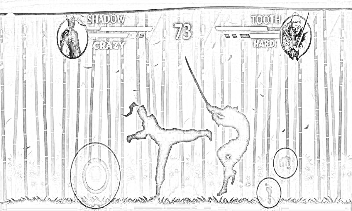 Раскраска Два бойца в поединке с теневыми силуэтами на фоне бамбукового леса с индикаторами состояния и именами борцов SHADOW и TOOTH, таймером 73, уровнями CRAZY и HARD