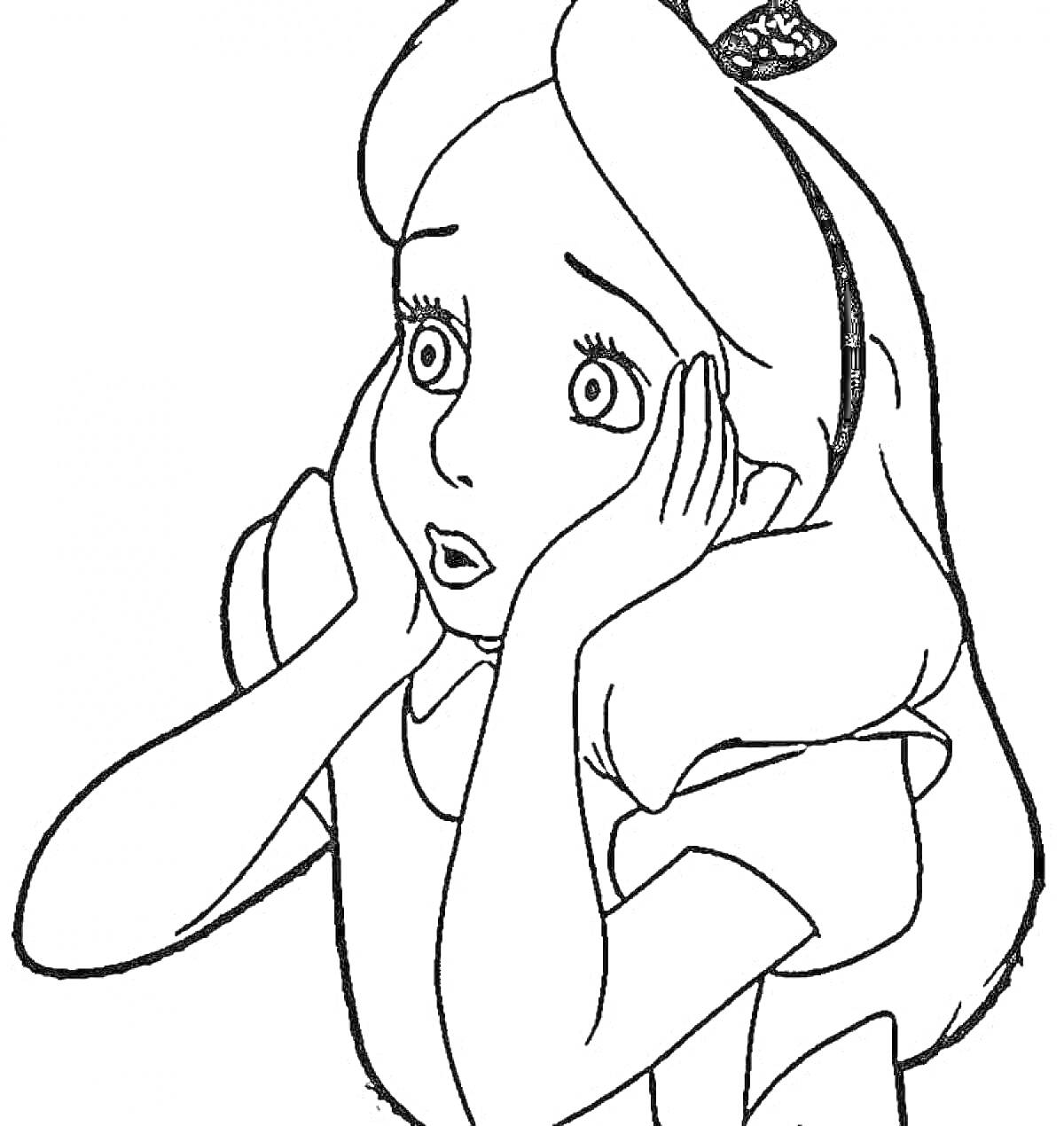 Раскраска Девочка с широкой повязкой на голове держит лицо руками