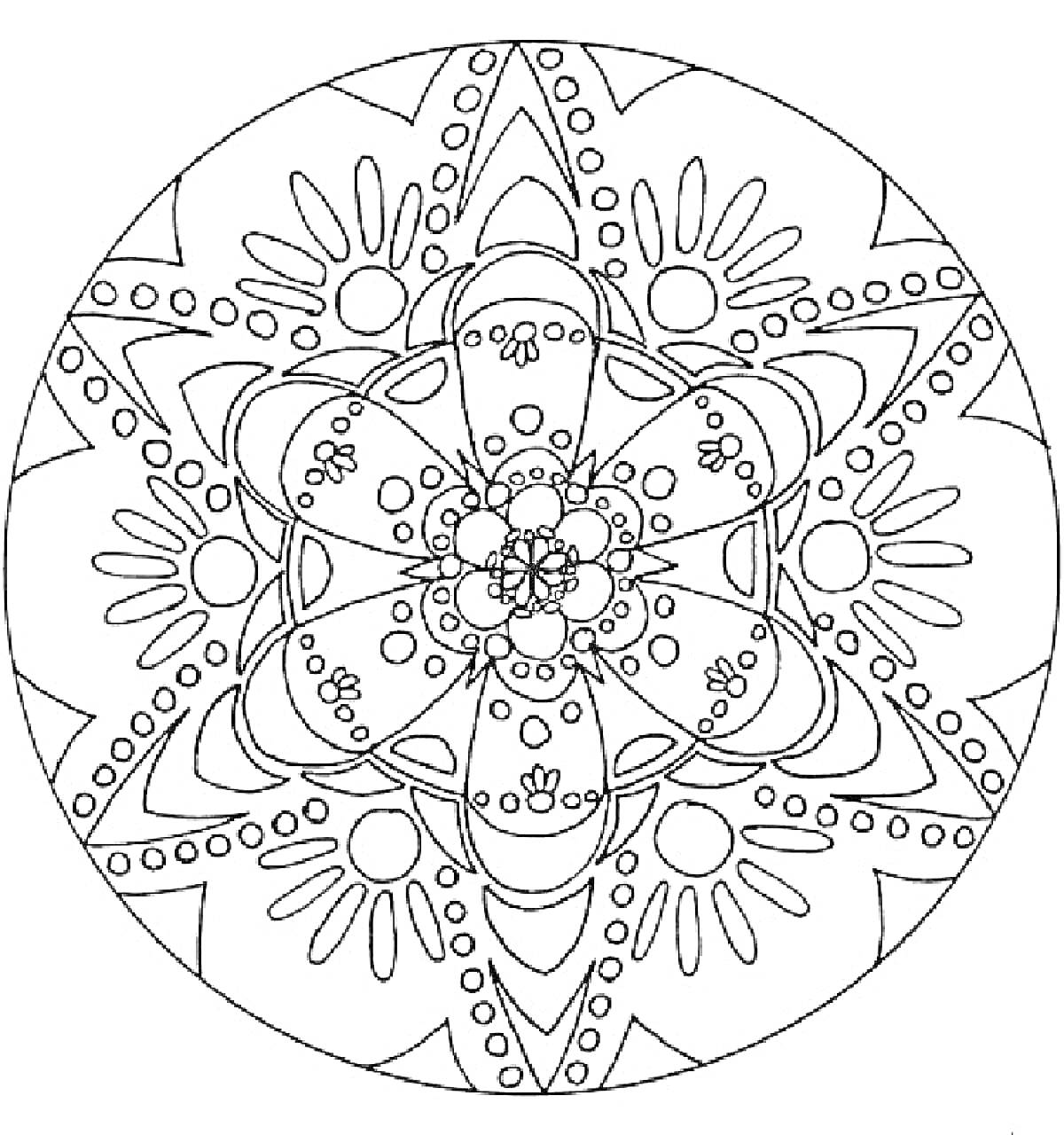 Раскраска Мандала с эллипсами, кругами и цветочными элементами на тему Нового года