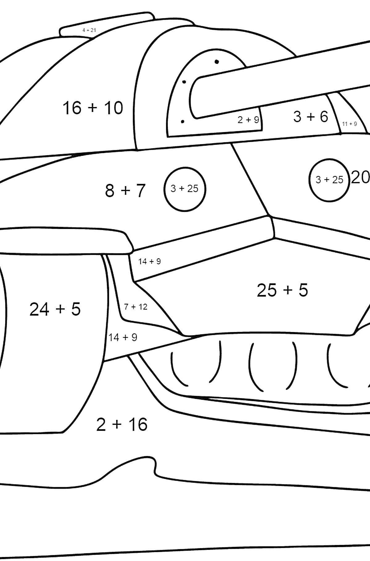 На раскраске изображено: Танк, Математика, Обучение, Арифметика, Задания
