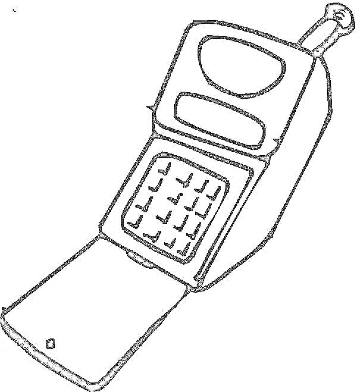 Раскраска Раскрытый кнопочный мобильный телефон с антенной и экраном