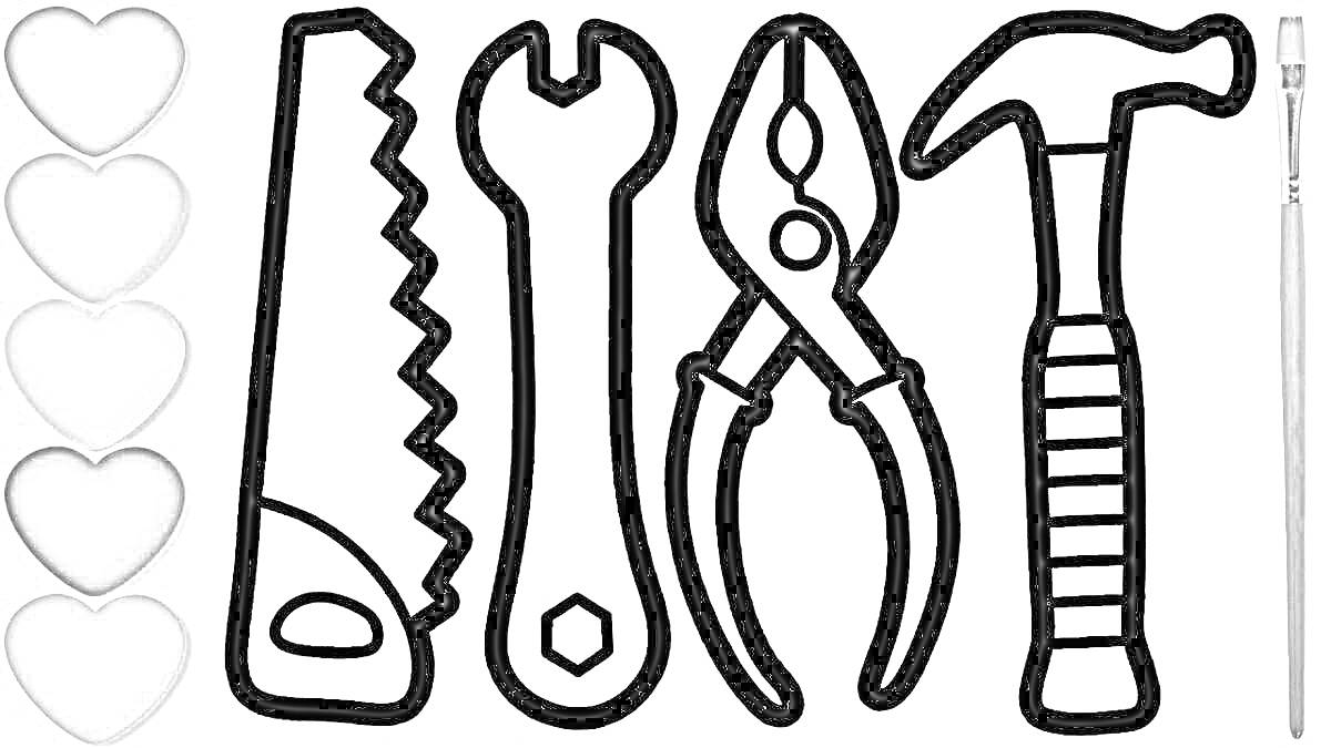 Раскраска с инструментами для детей - пила, гаечный ключ, плоскогубцы, молоток, кисть и палитра с оттенками серого